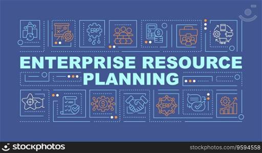 Enterprise resource planning text concept with various icons on dark blue monochromatic background, 2D vector illustration.. Enterprise resource planning text with line icons