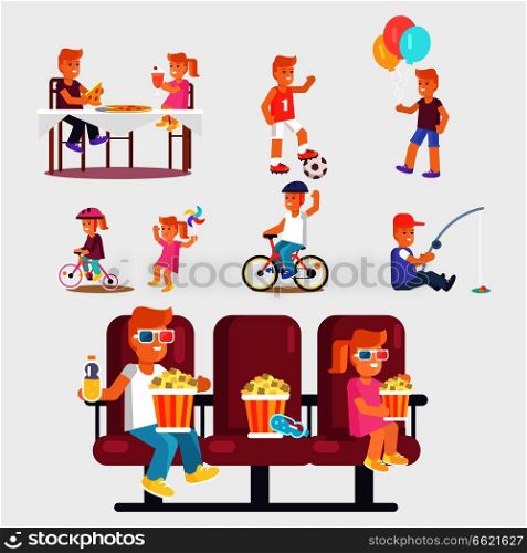 Entertaining children in cinema with popcorn, riding bikes, fishing, playing football, eating out pizza dish vector poster. Entertaining Children in Cinema, Riding Bike etc