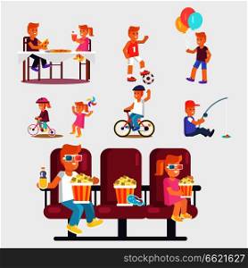 Entertaining children in cinema with popcorn, riding bikes, fishing, playing football, eating out pizza dish vector poster. Entertaining Children in Cinema, Riding Bike etc