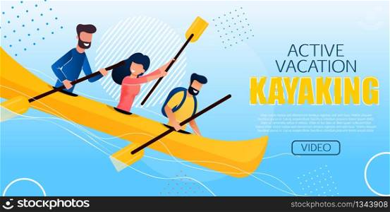 Entertaining Flyer Active Vacation Kayaking Flat. Poster People Make an Extreme Rafting Down Mountain Rivers. Men and Women on Expedition Rafting on River Cartoon. Vector Illustration.