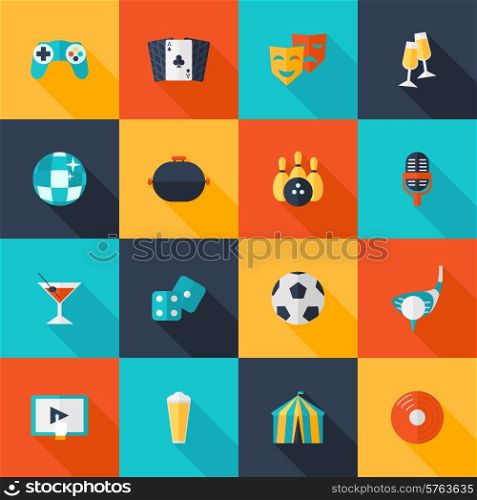 Entertaining icons flat set with dice cocktail glass party ball isolated vector illustration. Entertaining Icons Set