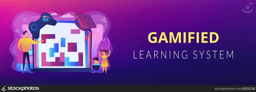 Entertaining studying, logical thinking development. Educational game, gaming education platform, gamified learning system, play and learn concept. Header or footer banner template with copy space.. Educational game concept banner header