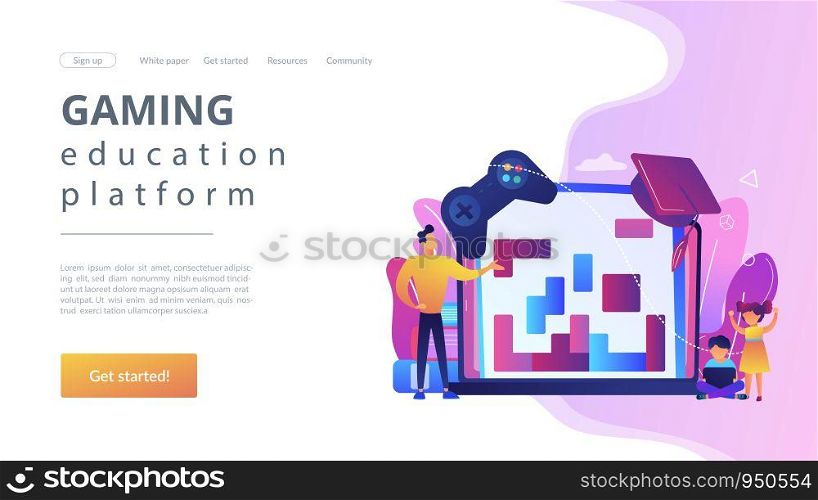 Entertaining studying, logical thinking development. Educational game, gaming education platform, gamified learning system, play and learn concept. Website homepage landing web page template.. Educational game concept landing page