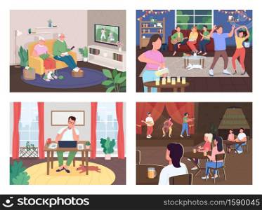 Entertainment activities flat color vector illustration set. Elderly couple at home. House party. Freelance writer. Family and friends 2D cartoon characters with interior on background collection. Entertainment activities flat color vector illustration set