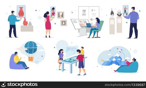 Entertainment and Education with Virtual, Augmented Reality Concepts. People Studying Art, History Museum Exhibition with Mobile Device, Children at Interactive Table Trendy Flat Vector Illustration