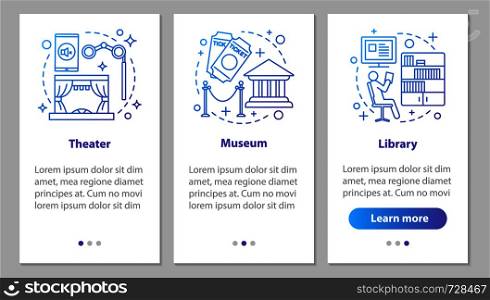 Entertainment and leisure onboarding mobile app page screen with linear concepts. Library, theater, museum steps graphic instructions. UX, UI, GUI vector template with illustrations. Entertainment and leisure onboarding mobile app page screen with