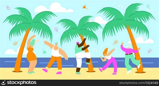 Entertainment By Sea in Summer Vector Illustration. Men and Women Spend Time Together on Tropical Beach. Fun People Dancing in Sand Against Backdrop Ocean and Palm Trees Cartoon Flat.