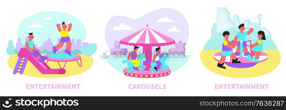 Entertainment center 3 flat compositions with happy children enjoying amusement park rides carousel slides trampoline vector illustration