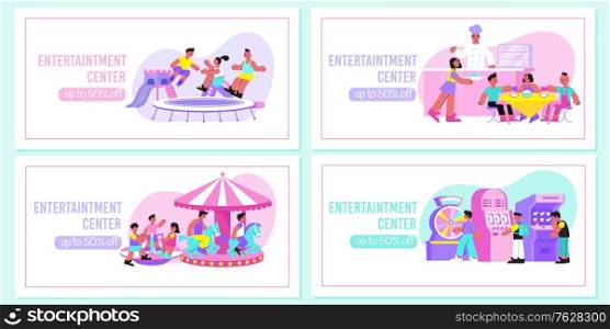 Entertainment center 4 flat info banners with trampoline snack bar amusement rides slot machines luck vector illustration