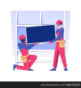 Entertainment center installation isolated concept vector illustration. Group of contractors hanging a plasma display panel, repair company service, basement design vector concept.. Entertainment center installation isolated concept vector illustration.