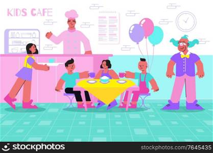 Entertainment center kids cafe healthy snacks menu eating children funny table attendant balloons flat composition vector illustration