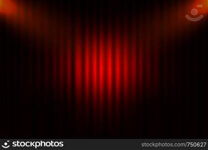 Entertainment curtains background for movies. Beautiful red theatre folded curtain drapes on black stage. Vector stock illustration.
