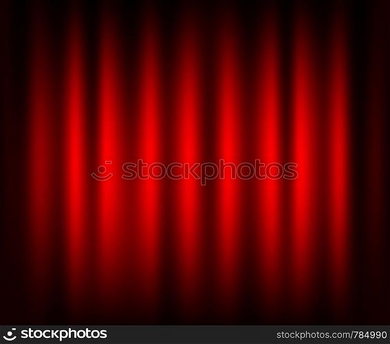 Entertainment curtains background for movies. Beautiful red theatre folded curtain drapes on black stage. Vector stock illustration.