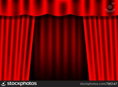 Entertainment curtains background for movies. Beautiful red theatre folded curtain drapes on black stage. Vector illustration.. Entertainment curtains background for movies. Beautiful red theatre folded curtain drapes on black stage. Vector stock illustration.