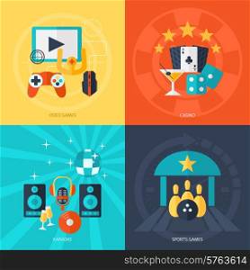 Entertainment design concept set with video games casino karaoke sport flat icons isolated vector illustration. Entertainment Flat Icons Set