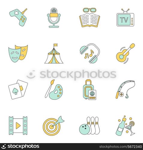 Entertainment flat icons set with movie watching travelling fishing isolated vector illustration