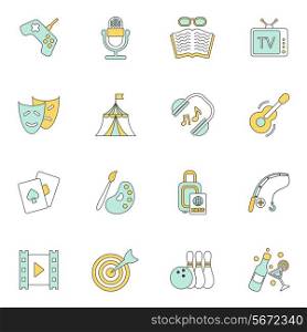 Entertainment flat icons set with movie watching travelling fishing isolated vector illustration