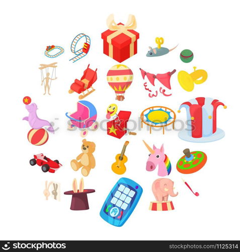 Entertainment for kid icons set. Cartoon set of 25 entertainment for kid vector icons for web isolated on white background. Entertainment for kid icons set, cartoon style