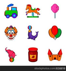 Entertainment for youngest icons set. Cartoon set of 9 entertainment for youngest vector icons for web isolated on white background. Entertainment for youngest icons set, cartoon style