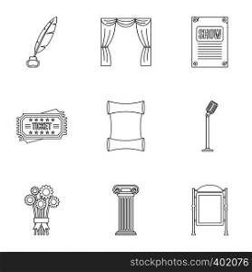 Entertainment in theatre icons set. Outline illustration of 9 entertainment in theatre vector icons for web. Entertainment in theatre icons set, outline style