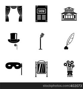 Entertainment in theatre icons set. Simple illustration of 9 entertainment in theatre vector icons for web. Entertainment in theatre icons set, simple style