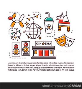 Entertainment industry article page vector template. Show business. Brochure, magazine, booklet design element with linear icons and text boxes. Print design. Concept illustrations with text space