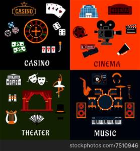 Entertainment industry flat icons. Casino with roulette, slot machine, cards and dice. Music with string, percussion and wind musical instruments. Cinema with movie camera, tickets and film reel. Theater with stage, masks and ballerina
