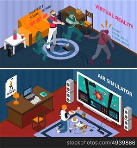 Entertainment Isometric Horizontal Banners . Entertainment isometric horizontal banners with virtual gaming players and kid playing videogames at home vector illustration