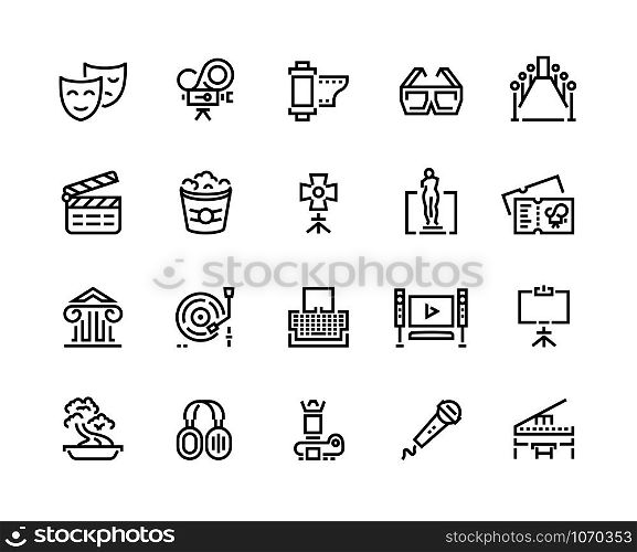 Entertainment line icons. Cinema and theater sound and music arts, photo and video shooting. Vector illustrations movie and tv symbols series set. Entertainment line icons. Cinema and theater sound and music arts, photo and video shooting. Vector movie and tv symbols set