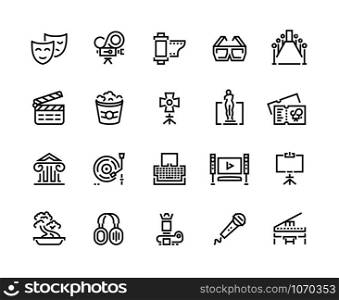 Entertainment line icons. Cinema and theater sound and music arts, photo and video shooting. Vector illustrations movie and tv symbols series set. Entertainment line icons. Cinema and theater sound and music arts, photo and video shooting. Vector movie and tv symbols set