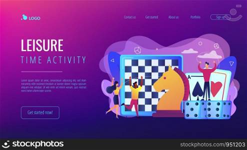 Entertainment of tiny people playing and winning chess, game cards and dice. Board game, leisure time activity, whole family activity concept. Website vibrant violet landing web page template.. Board game concept landing page.