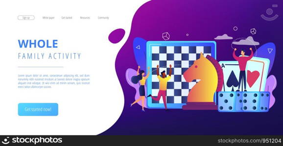 Entertainment of tiny people playing and winning chess, game cards and dice. Board game, leisure time activity, whole family activity concept. Website vibrant violet landing web page template.. Board game concept landing page.