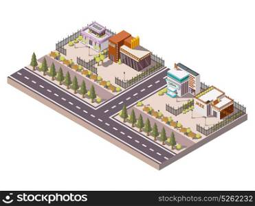 Entertainment Places Composition. Entertainment places isometric composition with night club and cinema vector illustration