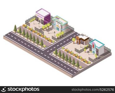 Entertainment Places Concept. Entertainment places isometric concept with showroom theater and bar vector illustration