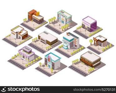 Entertainment Places Set. Entertainment places isometric set with theatre and cinema isolated vector illustration