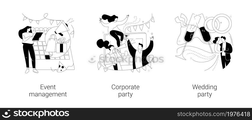 Entertainment service abstract concept vector illustration set. Event management, corporate and wedding party, meeting organizer, planning service, team building, celebration abstract metaphor.. Entertainment service abstract concept vector illustrations.
