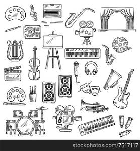 Entertainment themed sketches with palettes, paint brushes and easel, movie cameras and film reel, microphone and musical instruments, theatre scene, tragedy and comedy masks, loudspeakers and headphones, megaphone and clapperboard. Entertainment and visual arts sketch icons