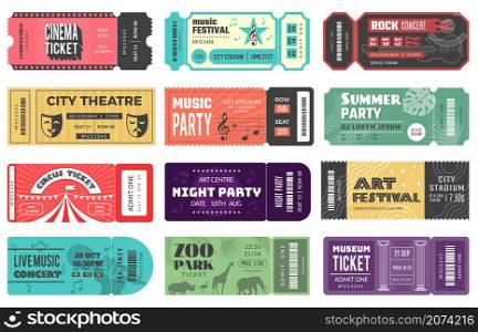 Entertainment tickets. Event cardboard labels cinema theatre kids playground music festival recent vector design tickets set isolated. Illustration cardboard event ticket, entertainment coupon. Entertainment tickets. Event cardboard labels cinema theatre kids playground music festival recent vector design tickets set isolated