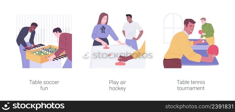 Entertainment with colleagues isolated cartoon vector illustrations set. Table soccer fun in a smart office, play air hockey, table tennis tournament at modern workplace, work break vector cartoon.. Entertainment with colleagues isolated cartoon vector illustrations set.