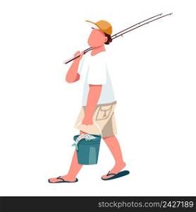 Enthusiast with fishing rod semi flat color vector character. Walking figure. Hobby and sport. Full body person on white. Simple cartoon style illustration for web graphic design and animation. Enthusiast with fishing rod semi flat color vector character