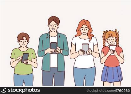 Enthusiastic family with mobile phones in hands stand in row and refuse real communication. Introverted family uses smartphones, for concept of digitalization of society and dependence on gadgets. Enthusiastic family with mobile phones in hands stand in row and refuse real communication