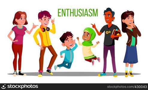 Enthusiastic Multiethnic Students, Adults, Children Vector Characters. Enthusiastic People Of Different Age, Race. Young Male Female Cartoon Teenagers. Arabic, European Kids Together Flat Illustration. Enthusiastic Multiethnic Students, Adults, Children Vector Characters