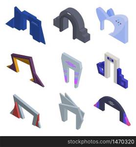 Entrance arch icons set. Isometric set of entrance arch vector icons for web design isolated on white background. Entrance arch icons set, isometric style