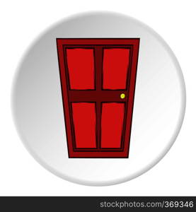 Entrance door icon in cartoon style on white circle background. Interior design symbol vector illustration. Entrance door icon, cartoon style