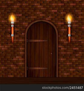 Entrance doors facade realistic 3d composition with brick wall two torch lights and arched wooden door vector illustration. Vintage Entrance Door Composition