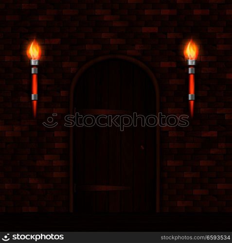 Entrance doors facade realistic 3d composition with brick wall two torch lights and arched wooden door vector illustration. Vintage Entrance Door Composition