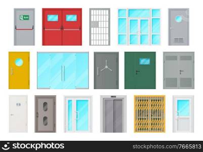 Entrance doors isolated vector icons. Cartoon interior and exterior design elements for room or office decoration, glass, metal or plastic doorways doorknobs and grates and windows, closed doors set. Entrance doors isolated cartoon vector icons set
