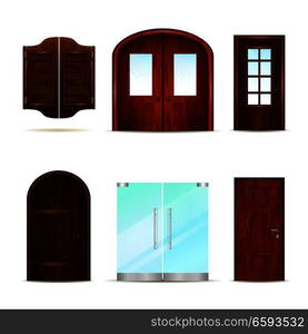 Entrance doors set of realistic 3d images with vintage classic and modern doors made of different materials vector illustration. Realistic Front Doors Collection