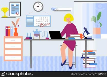 Entrance exams preparation flat composition with living room interior and female character preparing to scheduled exam vector illustration