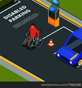 Entrance for urban parking for disabled peoples. Zone for handicapped and disability driver. Vector illustration. Entrance for urban parking for disabled peoples